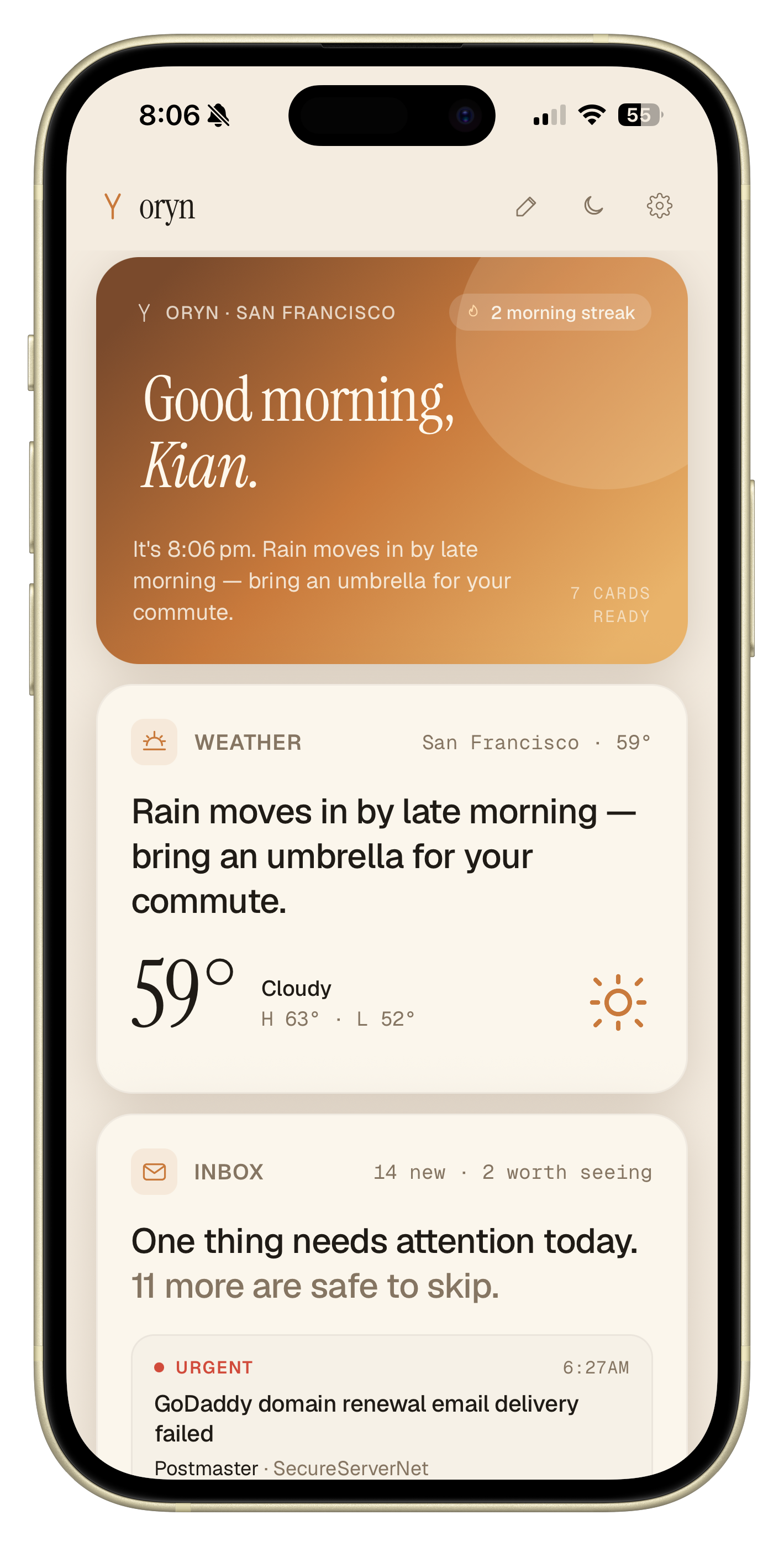 Oryn morning brief on iPhone — greeting card, weather, and inbox